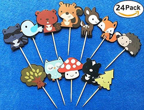 24 pack Cute Woodland Creatures Cupcake Toppers Picks, Woodland Animal Friends Cake Toppers, Kids Woodland Theme Baby Shower Birthday Party Cake Decoration Supplies