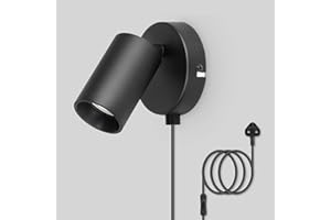 TaFiCo Black Plug in Wall Light with Switch - GU10 Wall Light Plug in Cord 350° Rotatable - 7W Indoor Wall Sconce Lights for Bedroom Living Room Kitchen Desk - Bulb Not Included