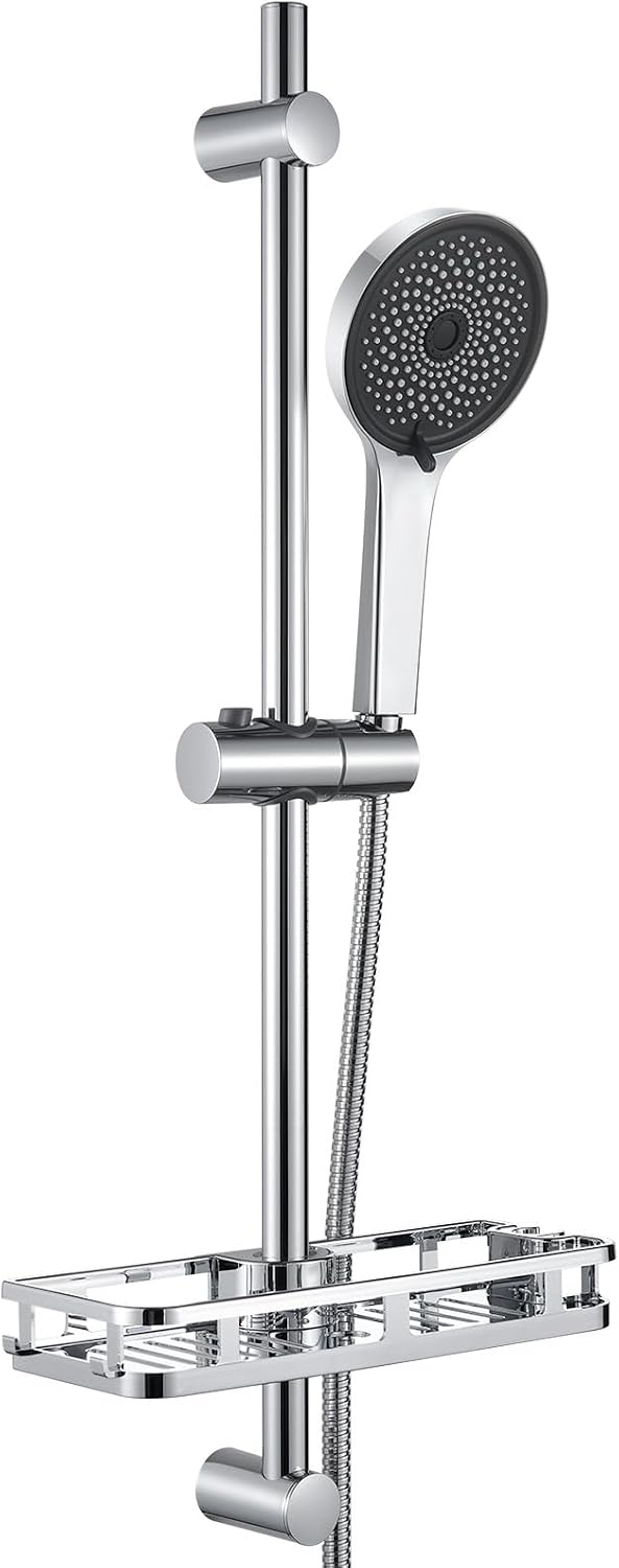 Auralum Barra de Ducha de Acero Inoxidable 70cm con Estante y Alcachofa de Ducha 5 Modos, Columna Ducha Sin Grifo Soporte Ajustable y Flexo Inoxidable de 150cm, Compatible con Orificios Existentes