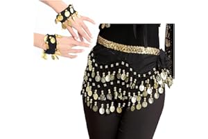 JUMRHFAN Belly Dancing Hip Scarf with Bracelets, Belly Dance Waist Chain Belt with 180 Gold Coins for Women(Black)