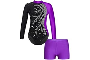 Runhomal Kinder Mädchen Metallic Gymnastikanzug Turnanzug Langarm Trikot Body mit Shorts Set Ballettbody Gymnastik Leotards Sportbody für Tanz Gym Workout