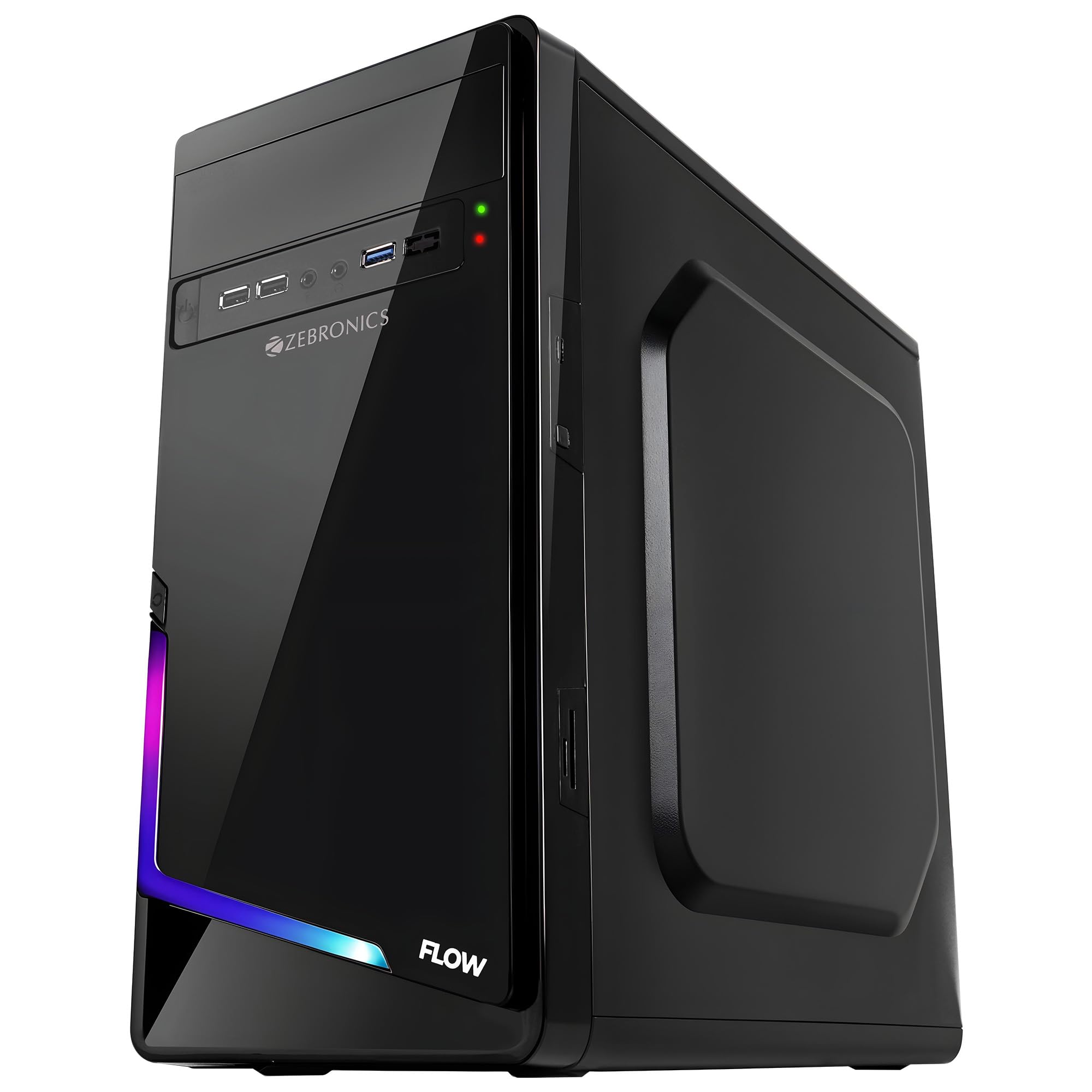 ZEBRONICS Flow Cabinet/Case, Mini-Tower, Supports mATX | ITX, 80mm Cooling Fan, Front Panel Multicolor LED Strip, ODD Support, USB 3.0, 3X USB