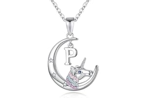 TINGN Unicornio Regalos para Niñas Collar, Chapado en Oro Blanco de 14 Quilates Crescent Moon Colgante Unicornio Collares Colorido CZ Unicornio Collar Joyas Unicornio Regalos para niñas Mujeres