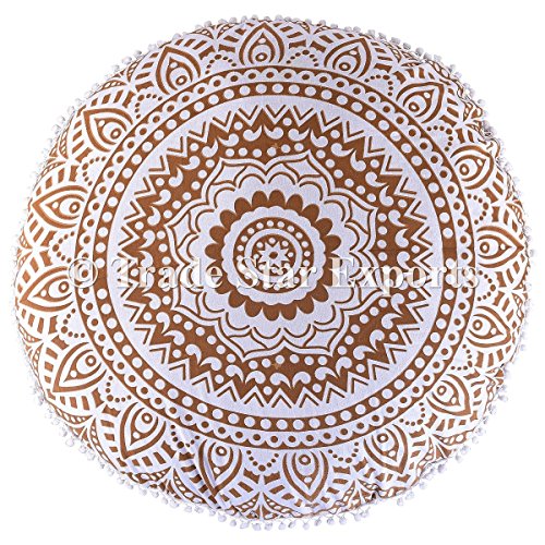 indischen rund Mandala Kopfkissen 81,3 cm groß golden Ombre Boden Kissen, dekorativer Überwurf-, POM POM Outdoor Kissenbezug, Boho Pouf Polsterhocker, Roundie kissenrollen gold - 4