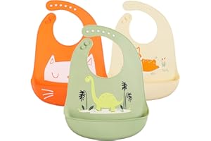 YINGJEE Baberos Impermeables de Silicona para Bebé, 3 Piezas Babero Flexible y Suave para Niñas y Niños Pequeños Unisex, Babero Grande y Ajustable