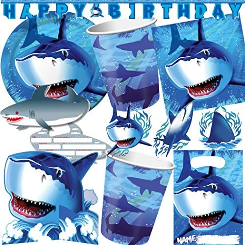 99-Piece Party Set with 'Haie &amp; Sharks Motif for Children's Birthdays with 8 Children - Plates, Cups, Serviettes, Invites, Party Bags, Balloons etc.