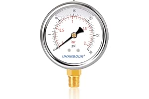 UHARBOUR Glycerin Filled Low Pressure Gauge 30psi/2bar, Stainless Steel case, Brass Inside Construction, 2-1/2" dial, 1/4"NPT Rear Connection.