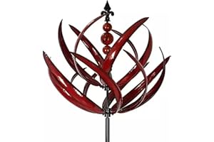 HOHOVYVY Metall Windrad Für Garten, 3D Lotus Windspiel Windmühle Wetterfest Und Standfest Garten Wind Spinner Metall Windräder Mit Besten Kugellagern, Für Garten Als Dekoration, Höhe 90 cm(red)