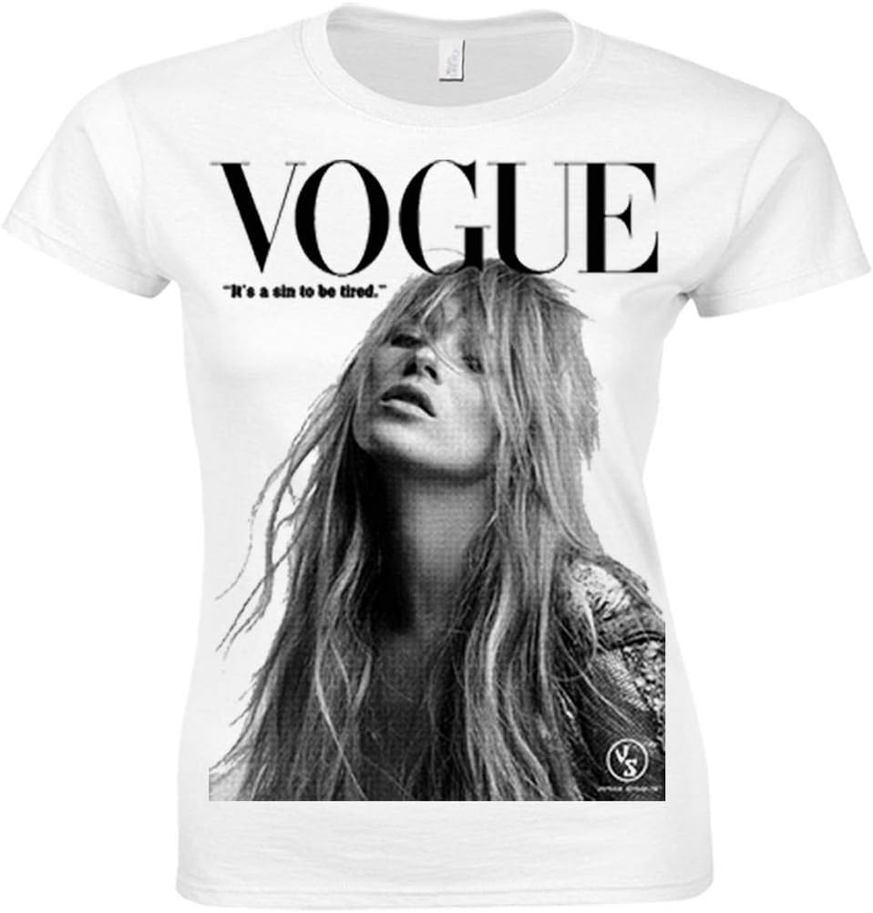 urban shaolin Women's Kate Moss Fashion Model Vouge Inspired Fitted T Shirt, White