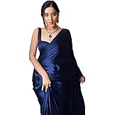 SHOPAZ Women Ready to Wear Plain Navy Blue Satin Silk Readymade Pre Pleated Saree With Unstitched Blouse