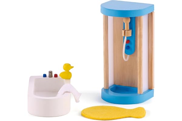 Jouet Hape - Meubles Salle de Bain en Bois pour Maison de Poupée - Accessoire pour Salle de Bain : Douche, Baignoire, Toilette, Tapis de Bain - Jouet pour Enfant à partir de 3 Ans - Coffret 7 Pièces