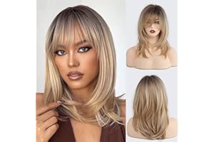 ‎EMMOR EMMOR Ombre Blonde Perücken für Frauen Schulterlang Hitzebeständige Kunstfaserperücken mit Pony