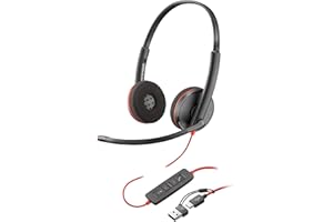Poly Blackwire 3220, Cuffia Cablata con Connessione USB-A, USB-C, AUX 3,5 mm, Cuscinetti in Similpelle, Riduzione del Rumore e dell'Eco, Comandi sul Cavo, Compatibile con Windows 10 e macOS, Nero