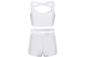 FEESHOW Ensemble de Sport Enfant Fille Ado Débardeur Sans Manche Brassière Dos Nu Crop Top de Fitness & Short de Bain Natation Sport Gym Costume Danse Performance