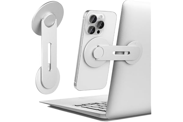 RIGGEAR Metal Magnetic Phone Mount for Laptop/Monitor, Laptop Mobile Holder Compatible with Magsafe for MacBook, 180° Adjustable Continuity Camera, Works with All Phones Using Included Ring (Silver)