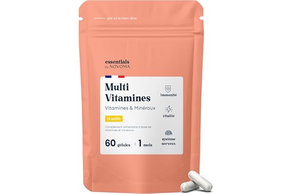 Multivitamines et Minéraux, 15 Nutriments Essentiels, Vitamines A B C D E + Magnésium & Zinc, Immunité & Énergie, 60 gélules Vegan, Cure de 1 mois, Fabriqué en France, Essentials by Novoma