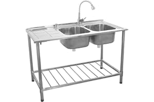 KuKoo Fregadero de Cocina Independiente Doble Seno con Escurridor a la Izquierda Acero inoxidable 120x79x60cm con Dispensador Jabón Tapones de Colador + Grifo GRATIS Lavaplatos 2 Senos+Escurridor