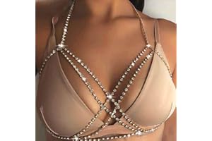 Prosy Chaîne de poitrine en cristal avec strass étincelants pour soutien-gorge, bikini, chaîne de poitrine pour l'été, la plage, les discothèques, bijoux réglables pour femmes et filles (doré)