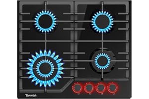 TOPWISH placa de gas butano, placa gas 4 fuegos, placa gas natural 4 fuego con rojo mando giratorio iluminado, NG/LPG convertible, válvulas de seguridad, 8000W, 60cm