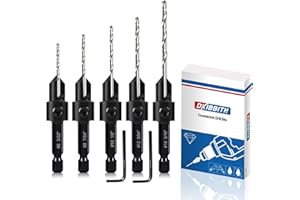 DKIBBITH 5-pc Countersink Drill Bit Set, 3in1 Woodworking Counterbore Hole Drill Bits for #6 8 10 12 16 Screws, Depth Adjustable M2 Pilot Drill Bits, 82-Degree Chamfer, 1/4” Hex Shank, 2 Allen Wrench