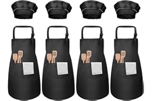 PTJJXA 4 Sets Children Chef Hat and Apron Age 3-12, Adjustable Boy Girl Apron and Elastic Cooking Hat, Child Painting Aprons with 2 Pockets, Toddler Chef Hat Apron Set for Crafting Baking Kitchen