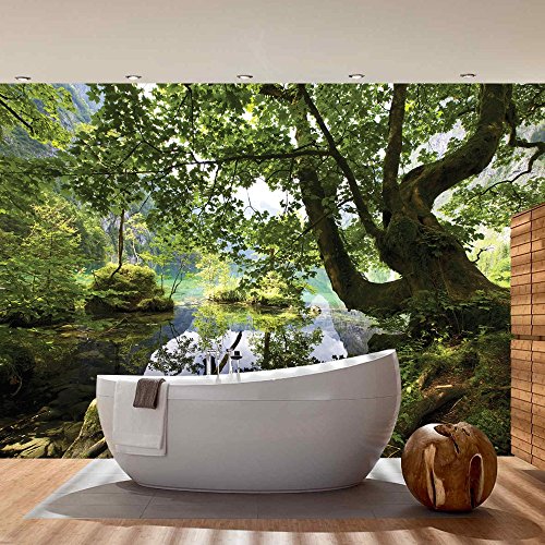 Vlies Fototapete PREMIUM PLUS Wand Foto Tapete Wand Bild Vliestapete – Wasser Baum Gras Berg Felsen Steine – no. 2421, Größe: 312 x 219 cm Vlies - 7