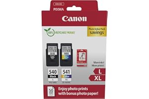Canon PG540L/CL541XL äkta bläckpatroner med hög kapacitet, paket med 2 (färg och svart), inkluderar 50 ark med 4 x 6 fotopapp