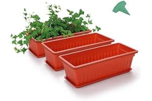 MSYU 3 Packs 17 Inches Terracotta Color Flower Window Box Plastic Vegetable Planters with 15 Pcs Plant Labels, for Windowsill, Patio, Garden, Home Décor, Porch (3 PCS, Orange)