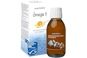 ‎ARCTIC BLUE Arctic Blue Omega 3 Fischöl – 250 ml flüssig – hochdosiert mit DHA, EPA und Vitamin D – ohne Aufstoßen oder Fischgeruch – arktisches Fischöl – MSC-Zertifiziert – Orangengeschmack