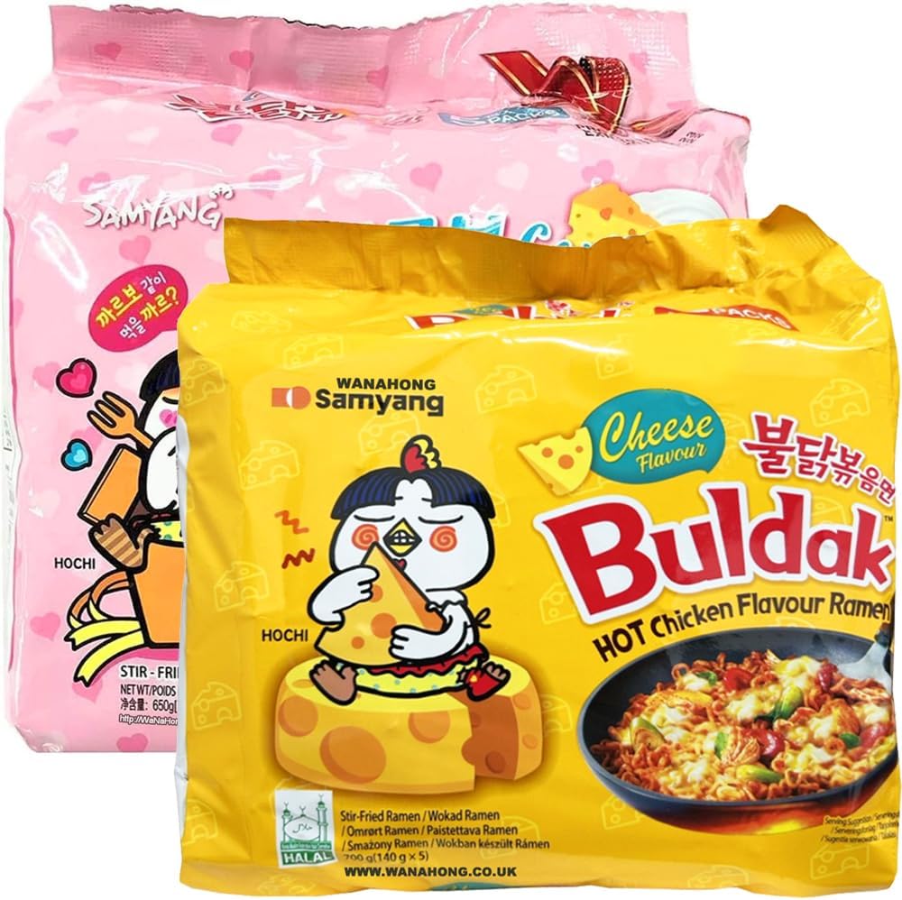 Caja de fideos ramen Samyang picantes con sabor a pollo WaNaHong (5 paquetes de sabor carbonara y 5 paquetes de sabor a queso)