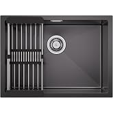 CECIPA Kitchen Sink Black 60 x 44 cm, Undermount or Countertop Sink, Stainless Steel Kitchen Sink with Extendable Filter Bask