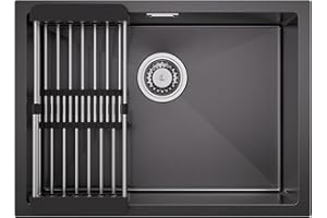 CECIPA Fregadero Cocina Negro 60 x 44cm, Fregadero Bajo Encimera o Sobre Encimera, Fregadero Cocina 1 Seno de Acero Inoxidable con Cesta de Filtro Extensible, Sifón y Kit de Drenaje