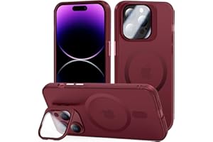 Tigratigro Case with Kickstand, Compatible Mag-Safe with iPhone 15 Pro, H9 Tempered Glass Camera Protection, Frosted Translucent Back Cover, Anti-Fingerprint, Velvet Touch(Dunkelrot)