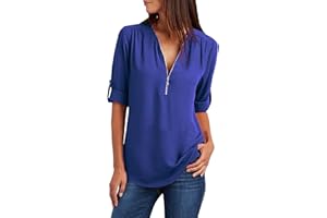 Tuopuda Magliette Donna Estive Camicette Manica Lunga Camicia Elegante Blusa Moda T-Shirt Scollo a V Top con Cerniera Tee Maglietta Casual Shirt Tinta Unita Pullover Taglie Forti