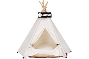 SEOUGEE Pets Teepee Tent for Dogs and Cats Washable and Removable Cotton Canvas Dog Bed and Cat House with Cushion Indoor and Outdoor Pet Kennel and Play House Portable and Stylish Tipi Design