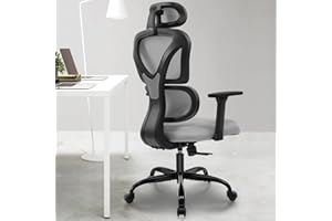 KERDOM Sillas Ergonomicas Oficina, Silla de Escritorio con Soporte Lumbar,Reposacabezas Ajustable, Reposabrazos, Silla 360° Giratoria para computadora,Gris