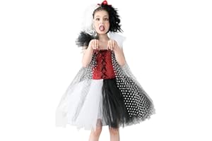 OBEEII 101 Dalmatiens Cruella Deville Déguisement Enfant Fille Tutu en Tulle avec Perruque Halloween Cosplay Fête d'anniversaire Dress up Costume 2-12 Ans