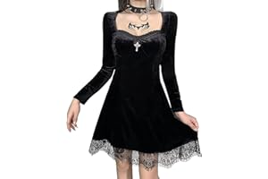 DINGJIUYAN Goth Retro Court Lace Lantern Long Sleeve Hollow-Out O Neck Pure Black Temperament Velvet Midi Dress