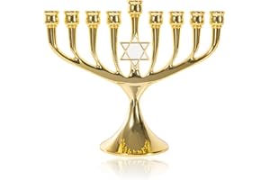 BRTAGG Hanukkah Menorah - Vasos mejorados con pines integrados, portavelas de estrella de David, 9 ramas, chapados en oro, regalos judíos (18,5 cm de alto)