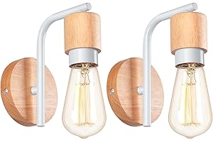 LIGKIN 2 Piezas Lámpara de Pared Vintage, Aplique de Pared Interior Industrial, E27 Madera Metal Vintage, Aplique Pared de Industrial para Salón, Pasillo, Dormitorio(Blanco)