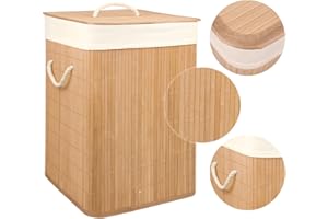 NEWTY Cesto de Bambú con Tapa para la Ropa Sucia Compartimento Cubo Colada Lavanderia Plegable con Asa de Cuerda Cesta de Almacenamiento Organizador Cubierta Bolsa Extraíble Laundry Basket (Cuad. M Natural)