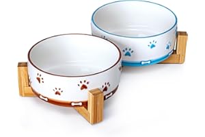 YUN TAO Bol Céramique pour Chien et Chat, 2 Bols Nourriture/Eau avec Support Bois et Tapis Silicone Antidérapant pour Chiot