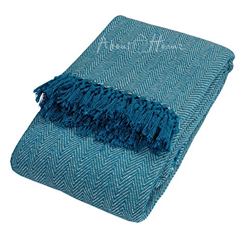 About Home Cotton Herringbone Throw, Teal/NAT, Queen