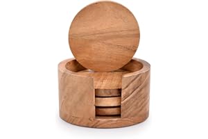 EDHAS Juego de 4 posavasos redondos de madera de acacia con soporte, decoración de mesa de centro para protección de mesa para bar, cocina, hogar (4 x 4 x 0.5 pulgadas)