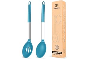 BUNDLEPRO Lot de 2 grandes cuillères de cuisine en silicone, cuillère à badigeonner solide antiadhésive, ustensiles de cuisine résistants à la chaleur pour mélanger, servir, égoutter, remuer (Bleu)