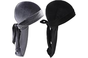Tomtary 2 Pcs Velvet Durag For Men, Long Tail Durags Luxury Durag Mens Black and Grey Do Rag for Dreadlocks 360 Waves Curl