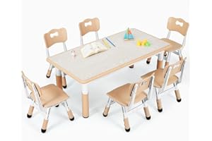 Clevich Children's Table with 6 Chairs, Children's Table and Chair Set for Kindergarten and Children's Room, Height-Adjustable Children's Table Group, Plastic Children's Furniture