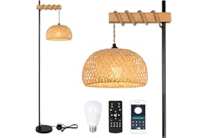 Rayofly Lámpara de Pie Vintage Regulable con Mando a Distancia y Bombilla LED, App Control, Lámpara de Pie Boho con Pantalla de Bambú, Lámpara de Pie de Ratán para Salón Dormitorio, Negro