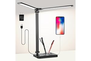 Woputne LED Desk Lamp with Dual Heads, 5 Color Modes & 10 Brightness Levels, Adjustable Reading Light for Home Office, Bedroom, Study, Craft (Black, Includes Adapter)