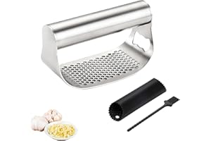 Mino Plus Pressa-Aglio,schiaccia aglio acciaio inox,Trita Aglio Manuale,spremiaglio a bilanciereSpremi Aglio con Pelapaglio Silicone e Pennello (1 pezzo)